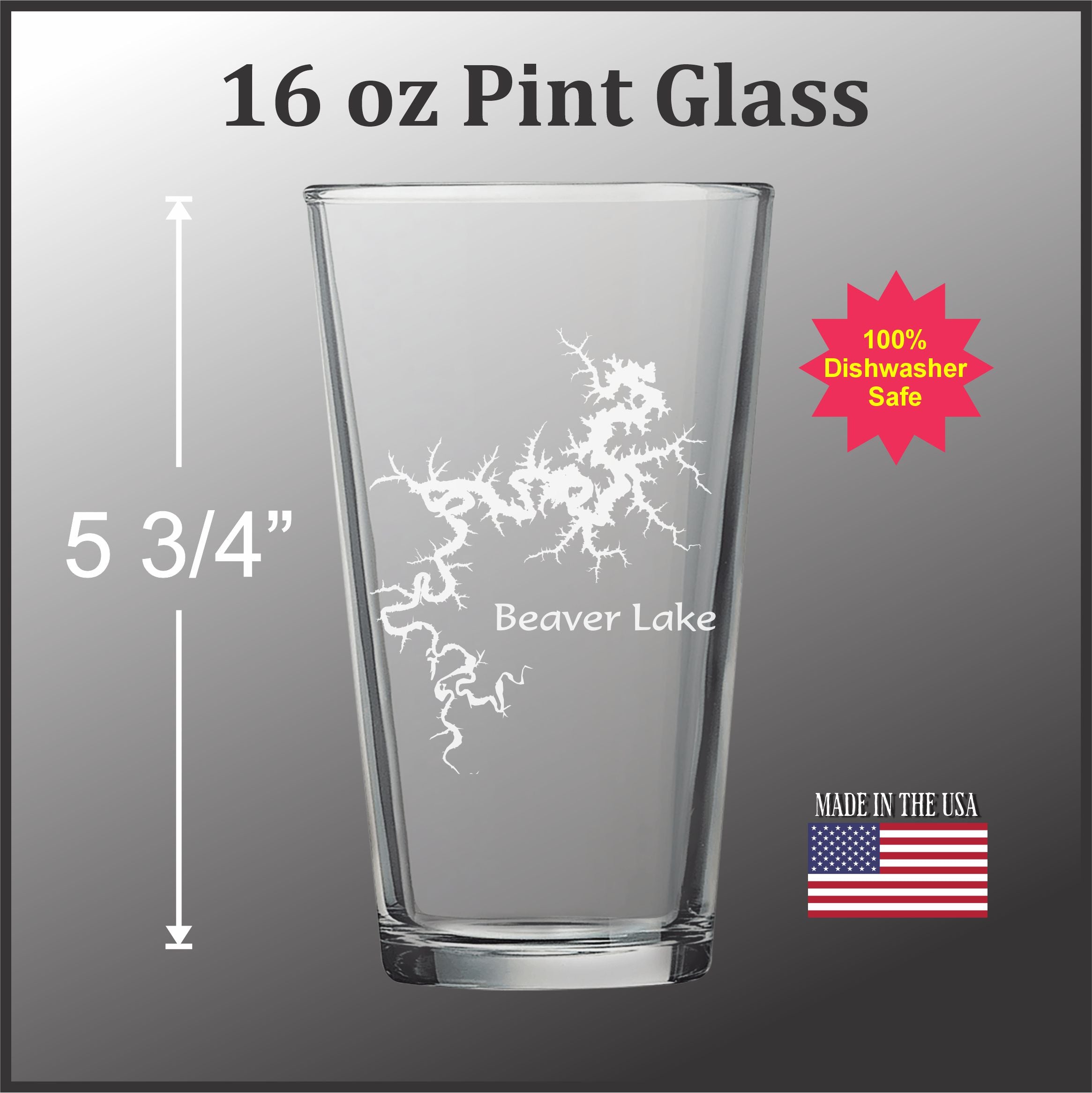 A 16 oz Pint glass with a design etched into it, featuring the Beaver Lake logo. The glass is described as being made in the USA and has a 5 3/4" capacity.