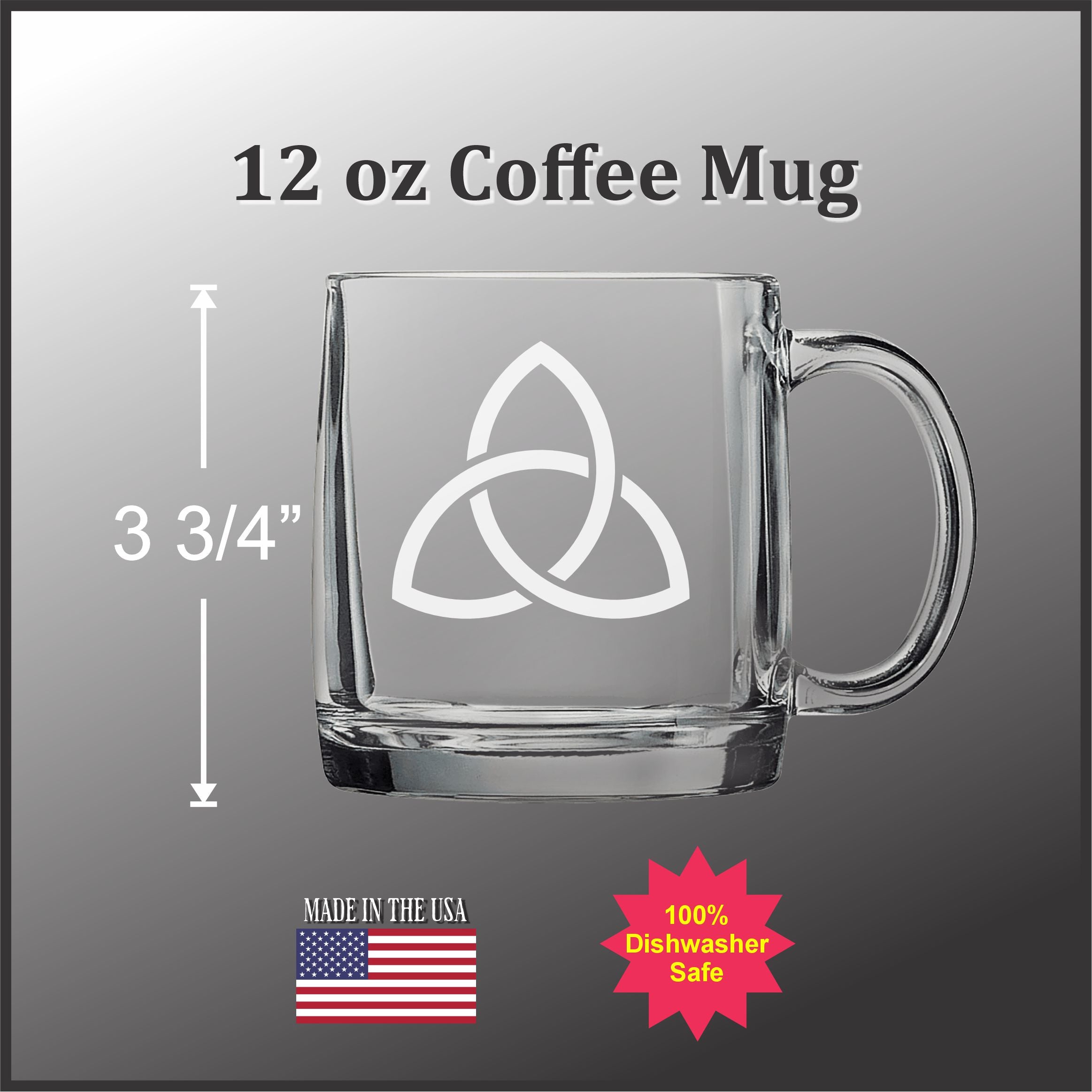 a clear glass coffee mug with a white design on it. The mug is described as 12 oz and has a handle on the right side. The mug is made in the USA, and it is 100% dishwasher safe.