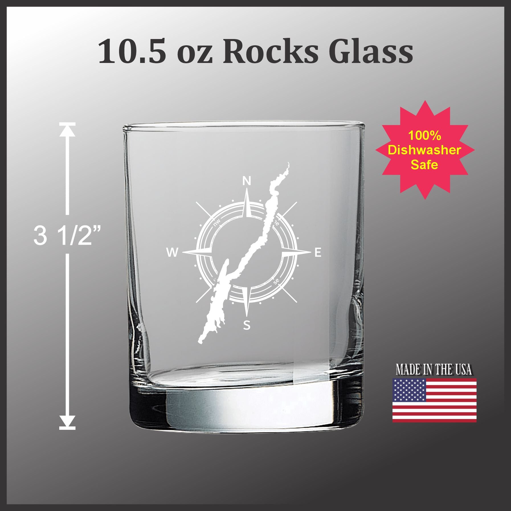 a clear glass with a compass design on it, along with some text and a logo indicating that it is a 10.5 oz rocks glass.