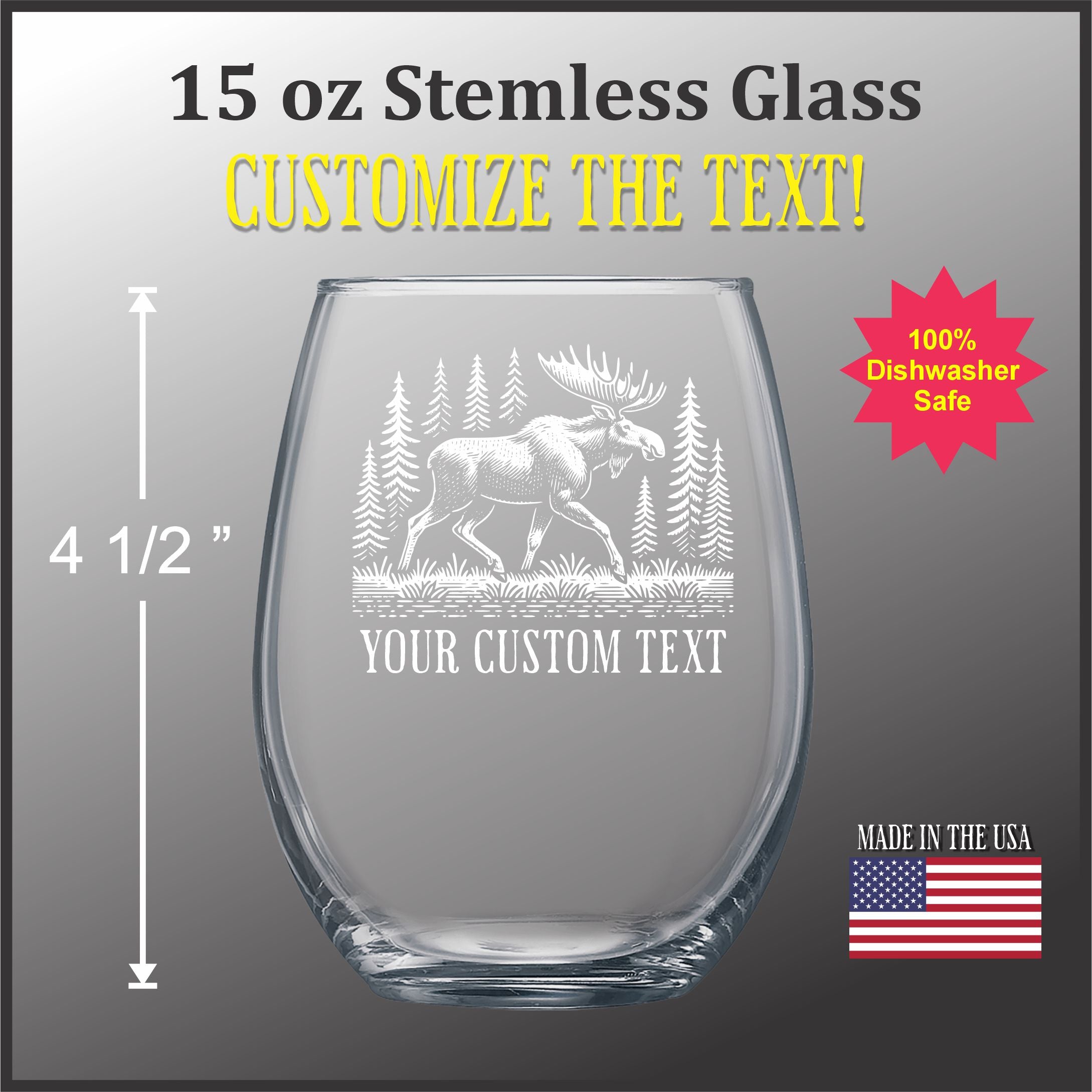 A 15 oz stemless glass with a custom text etched onto it.