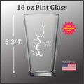 A 16 oz Pint glass with a design etched into it, featuring a lightning bolt pattern. The glass is described as being made in the USA and is 5 3/4" in height.