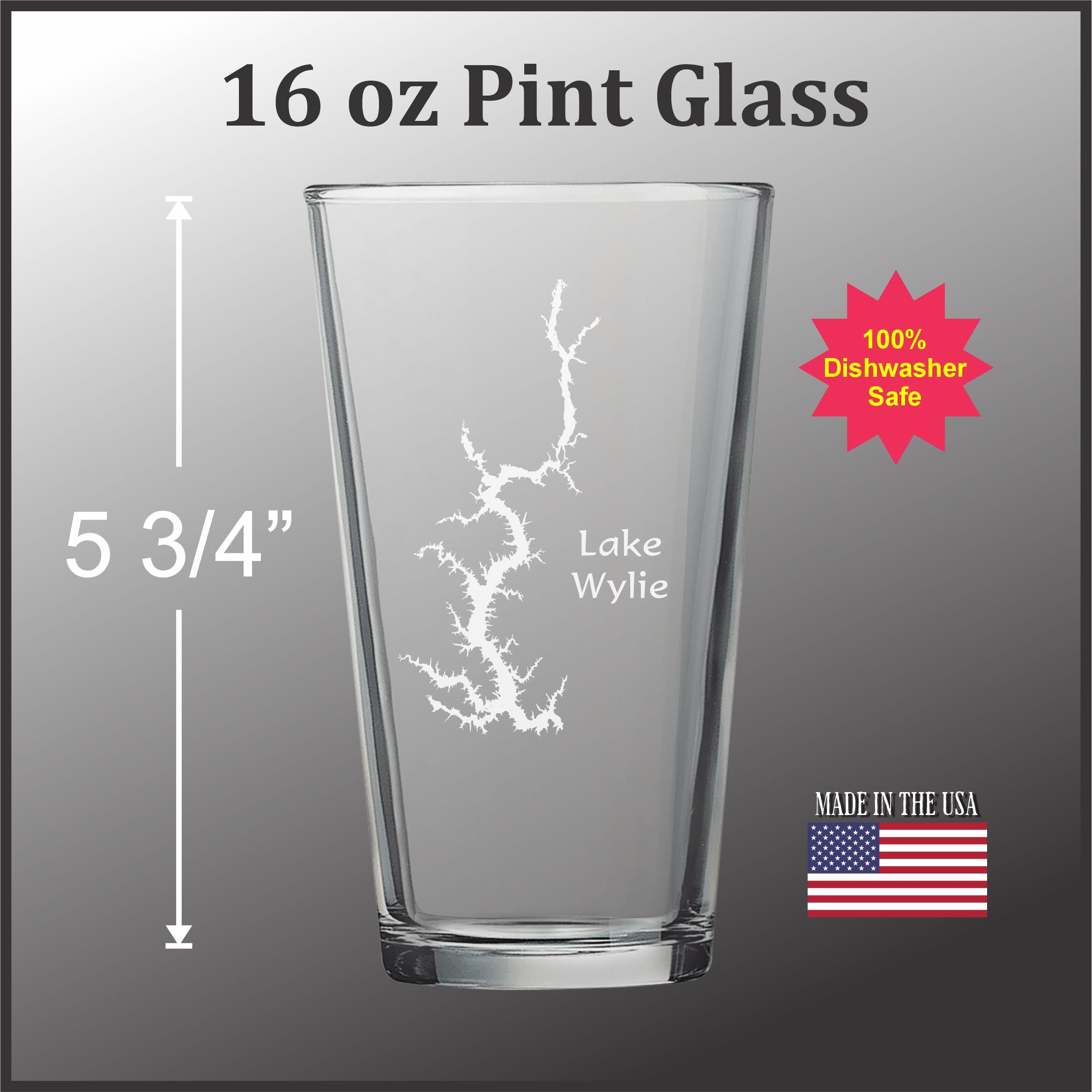 A 16 oz Pint glass with a design etched into it, featuring a lightning bolt pattern. The glass is described as being made in the USA and is 5 3/4" in height.