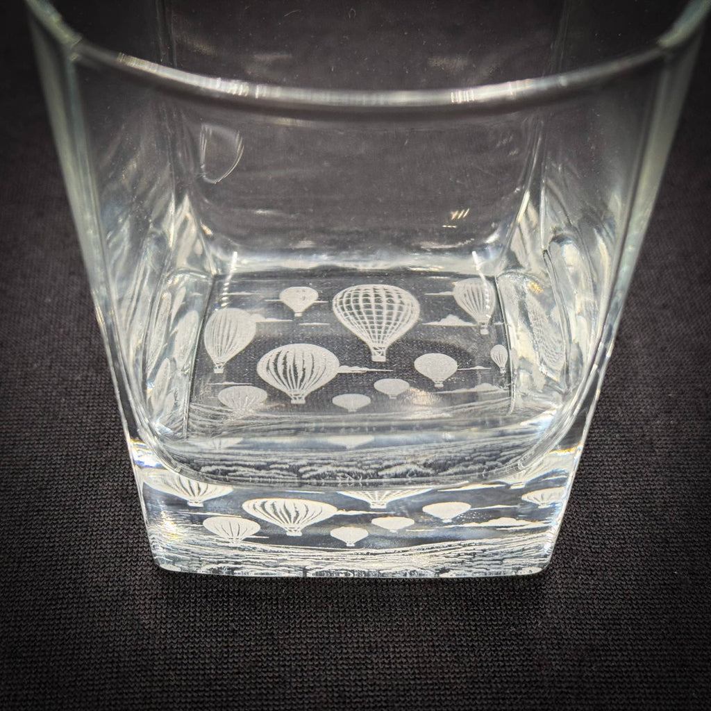 Hot Air Balloons - Bottom Etched 10 oz Square Rocks Glass