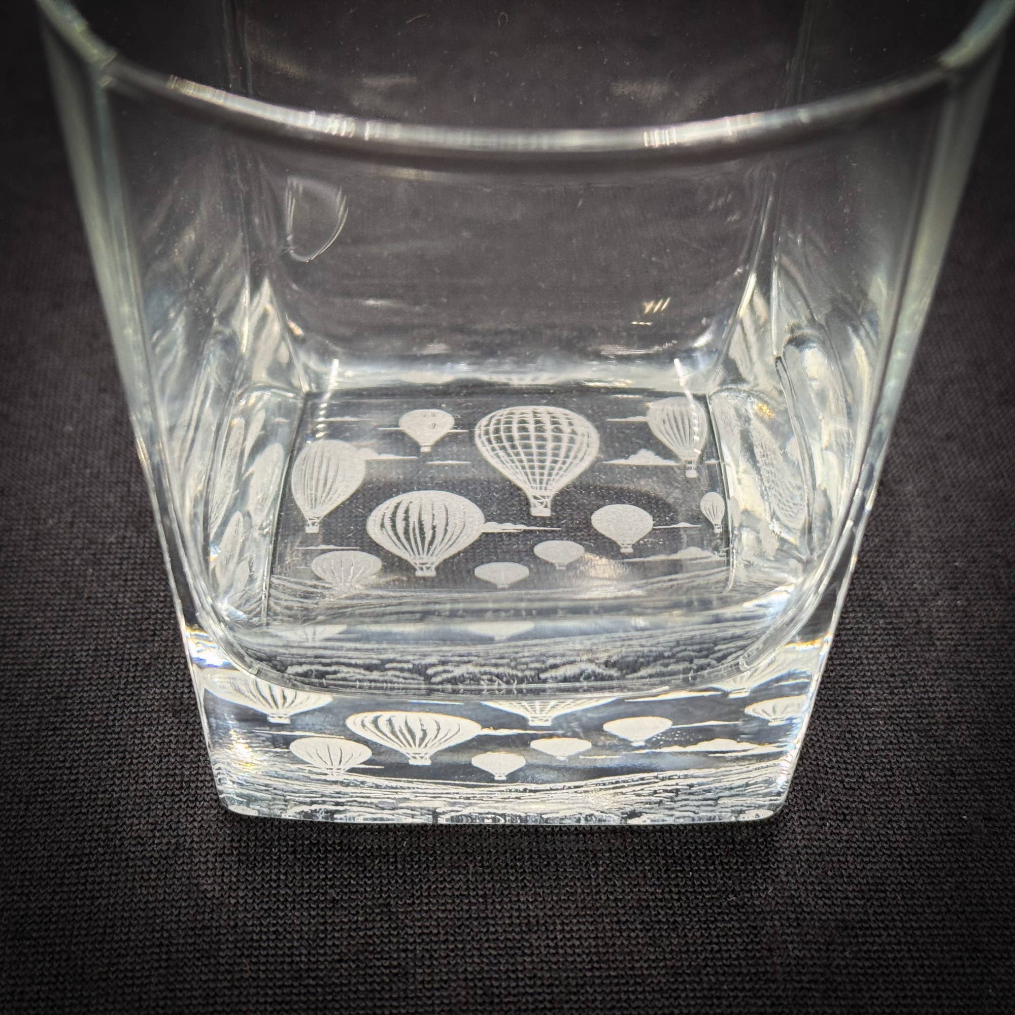 Hot Air Balloons - Bottom Etched 10 oz Square Rocks Glass