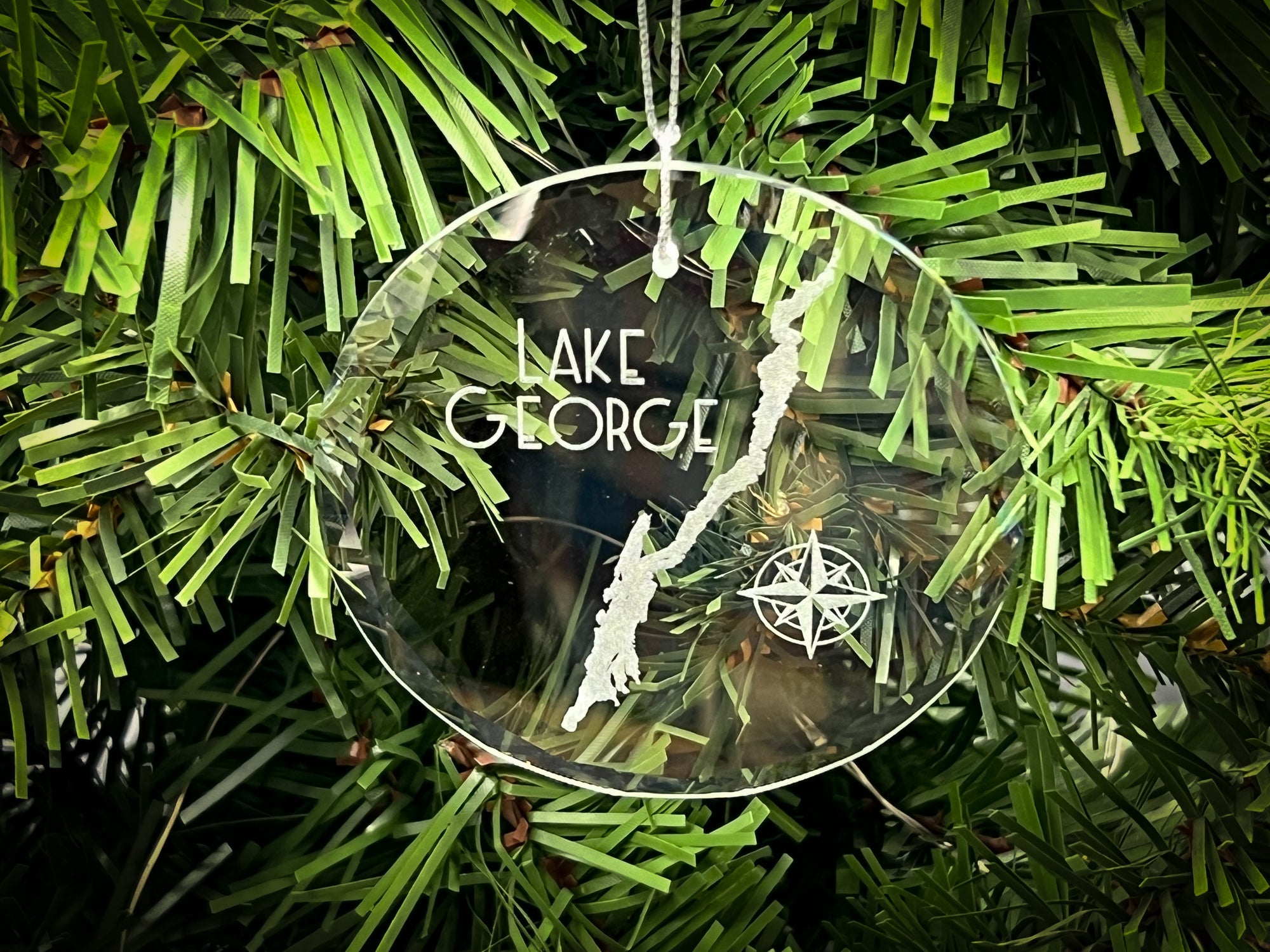 Lake George Clear Glass Ornament - Round Etched Holiday Keepsake Gift