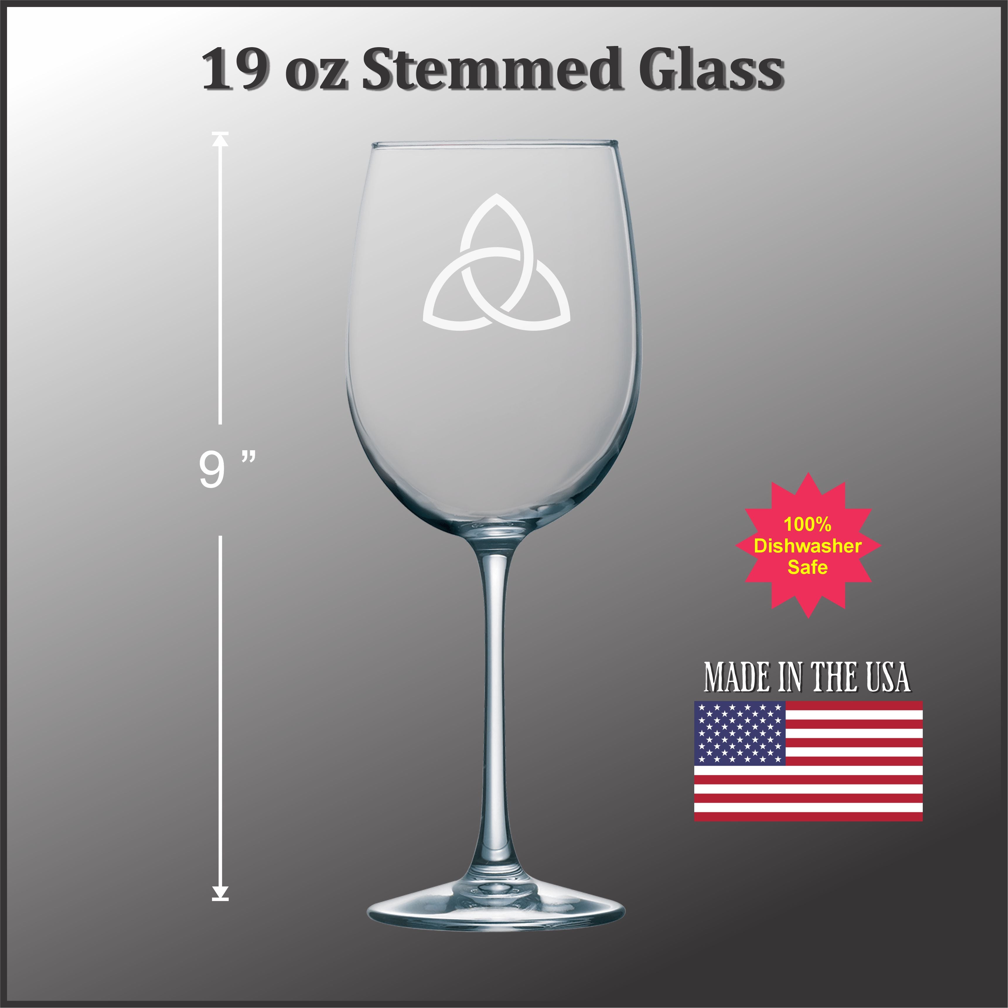 a stemmed glass with a white design on it, and it is described as a 19 oz glass.