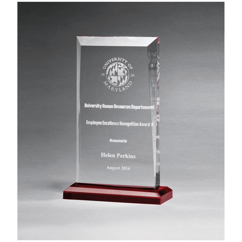 Clear Acrylic Award with Red Highlights and Red 5" x 7 3/4" Apex Series Base