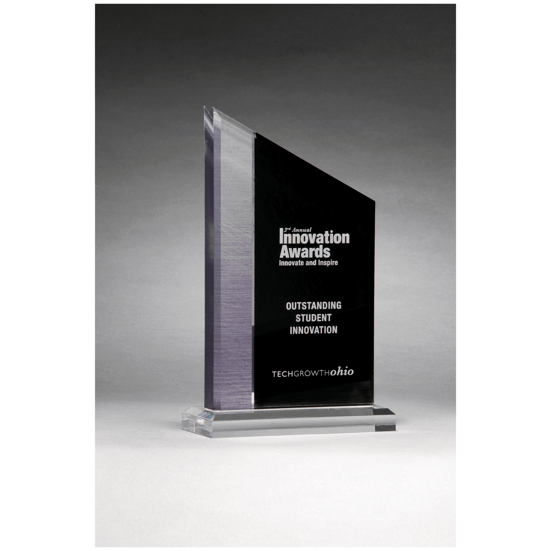 6" x 8" Digitally Printed Brushed Silver Accent on Black Upright Acrylic with Clear Base