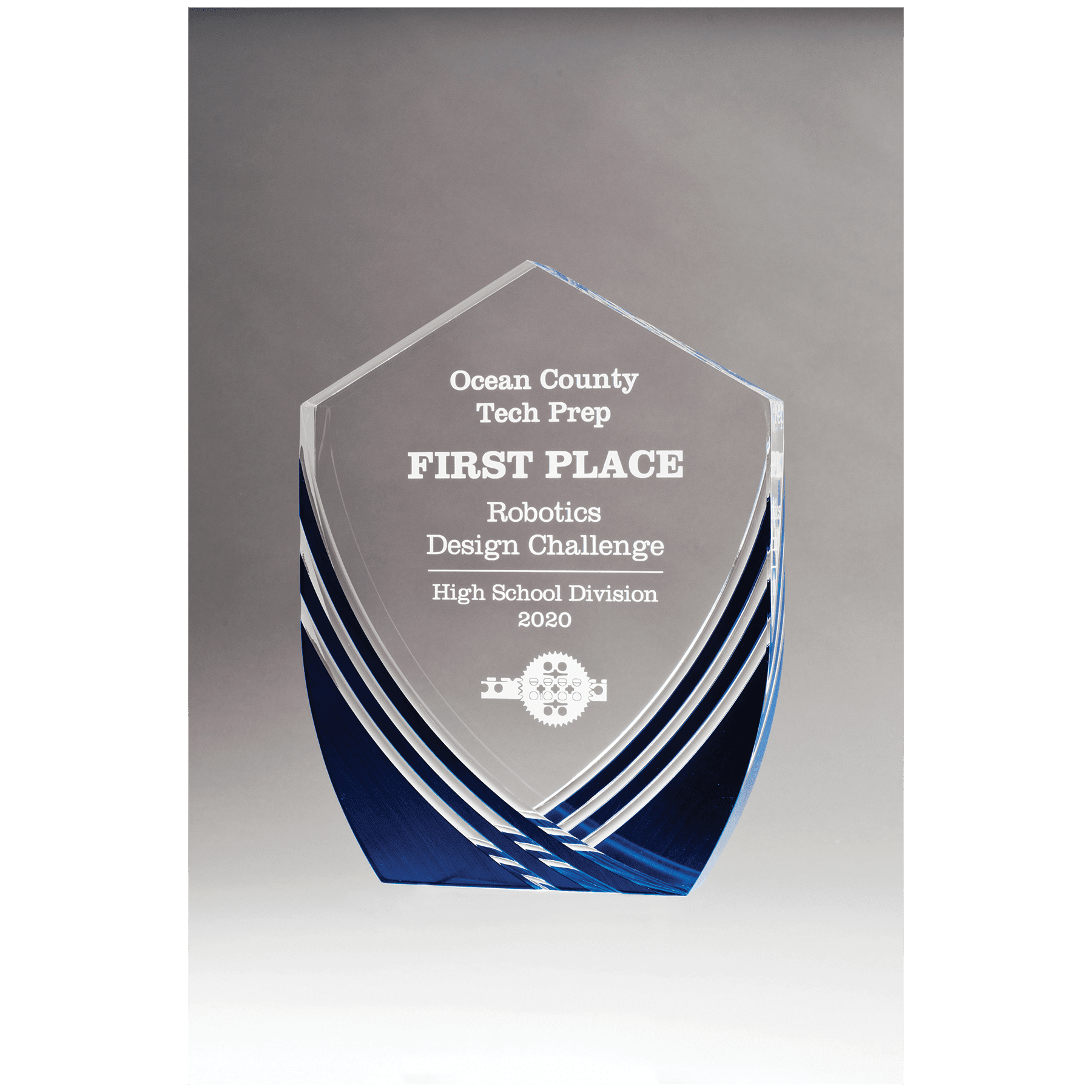 7 3/8" x 9 1/2" Shield Series Clear Acrylic with Polished Score Lines and Blue Metallic Accent