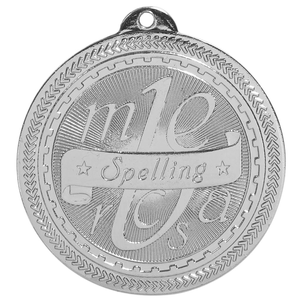 Bright Silver 2" Spelling Laserable BriteLazer Medal