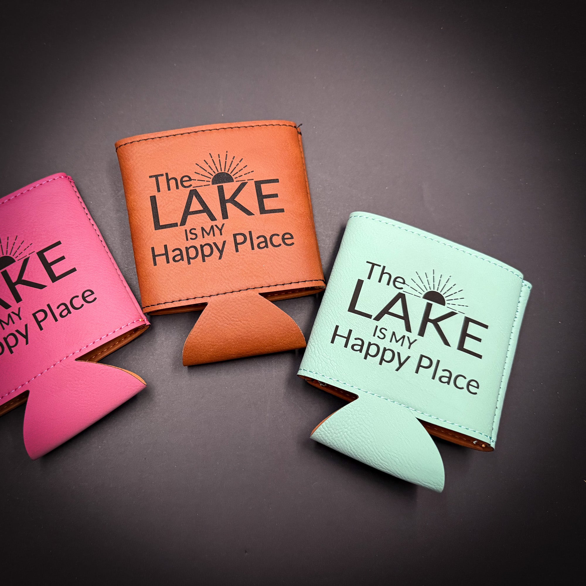 The Lake is my Happy Place 3 3/4" Leatherette Beverage Holder