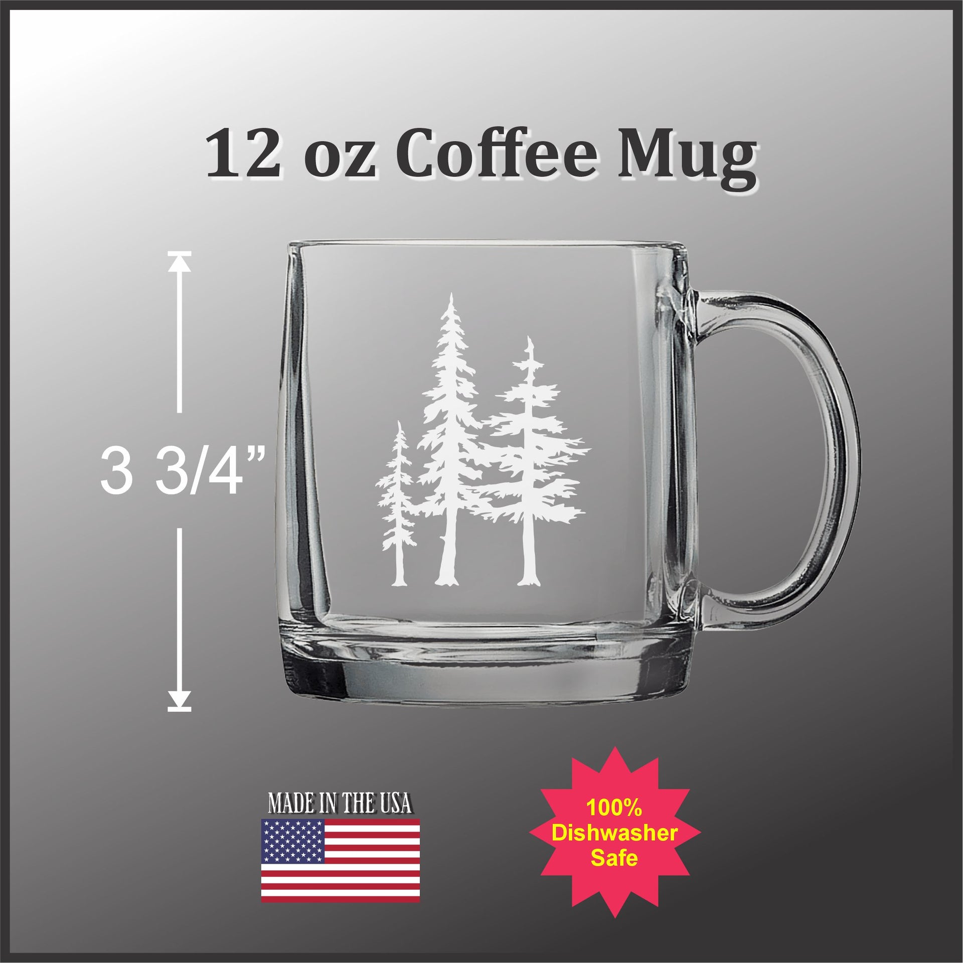 3 Trees 12 oz Engraved Glass Handled Coffee Mug - Handle to Right of Engraving