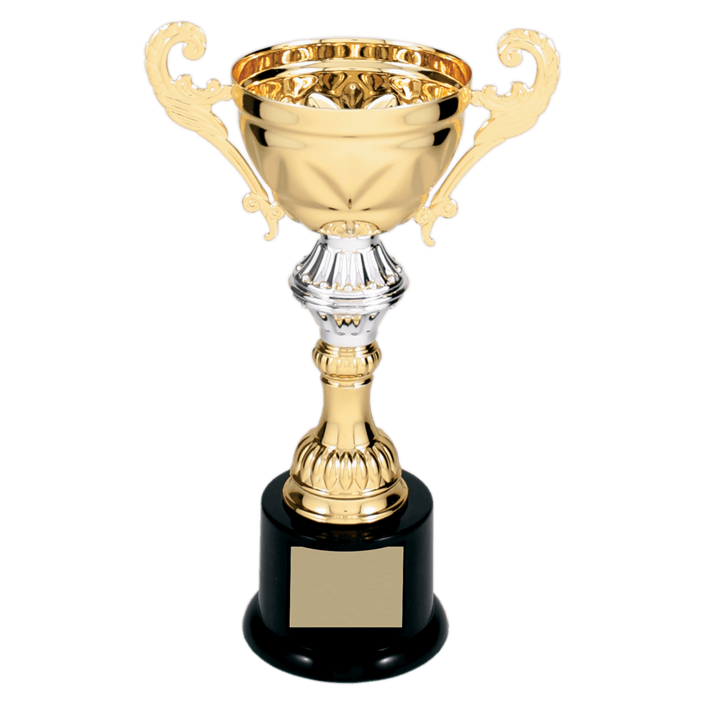 Gold 8 3/4" Completed Metal Cup Trophy on Plastic Base