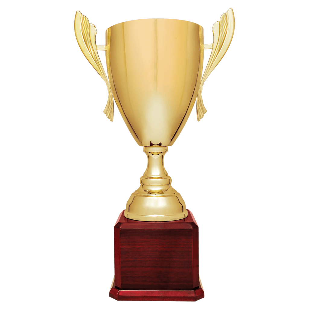 Gold Completed Metal Cup Trophy on Rosewood Royal 2 22" Piano Finish Base