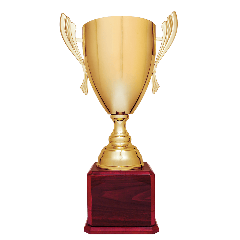Gold Completed Metal Cup Trophy on Rosewood Royal 2 24 3/4" Piano Finish Base