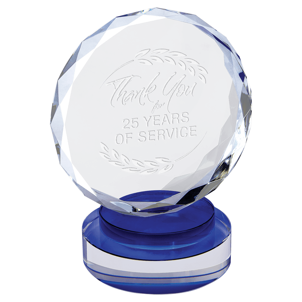 Blue & Clear 6" Round Facet Crystal on Round Base