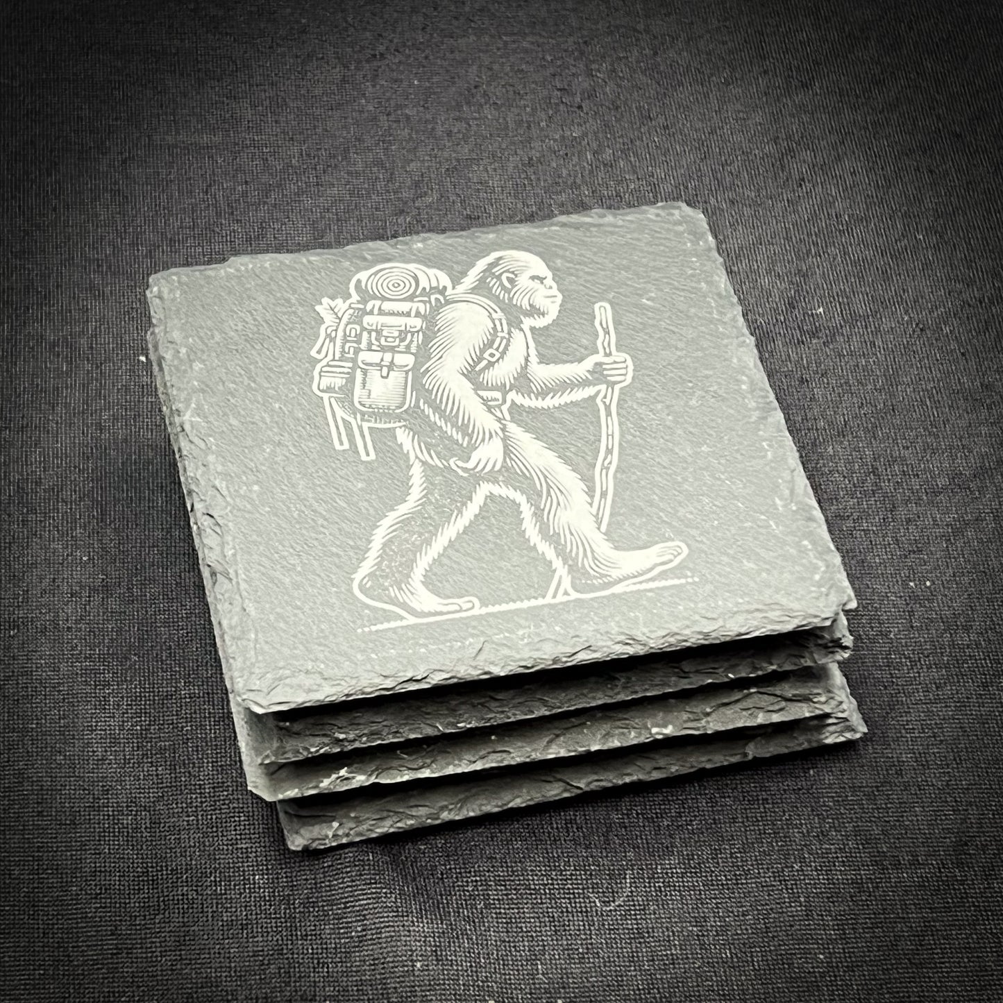 Bigfoot Hiking - 4" Square Slate Coaster