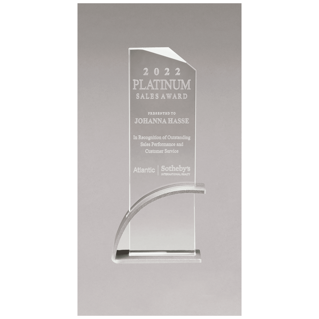 Silver Contemporary Clear 3 7/8" x 10 1/8" x 1/2" Thick Glass Award, Arched Base with Matte Metallic Finish