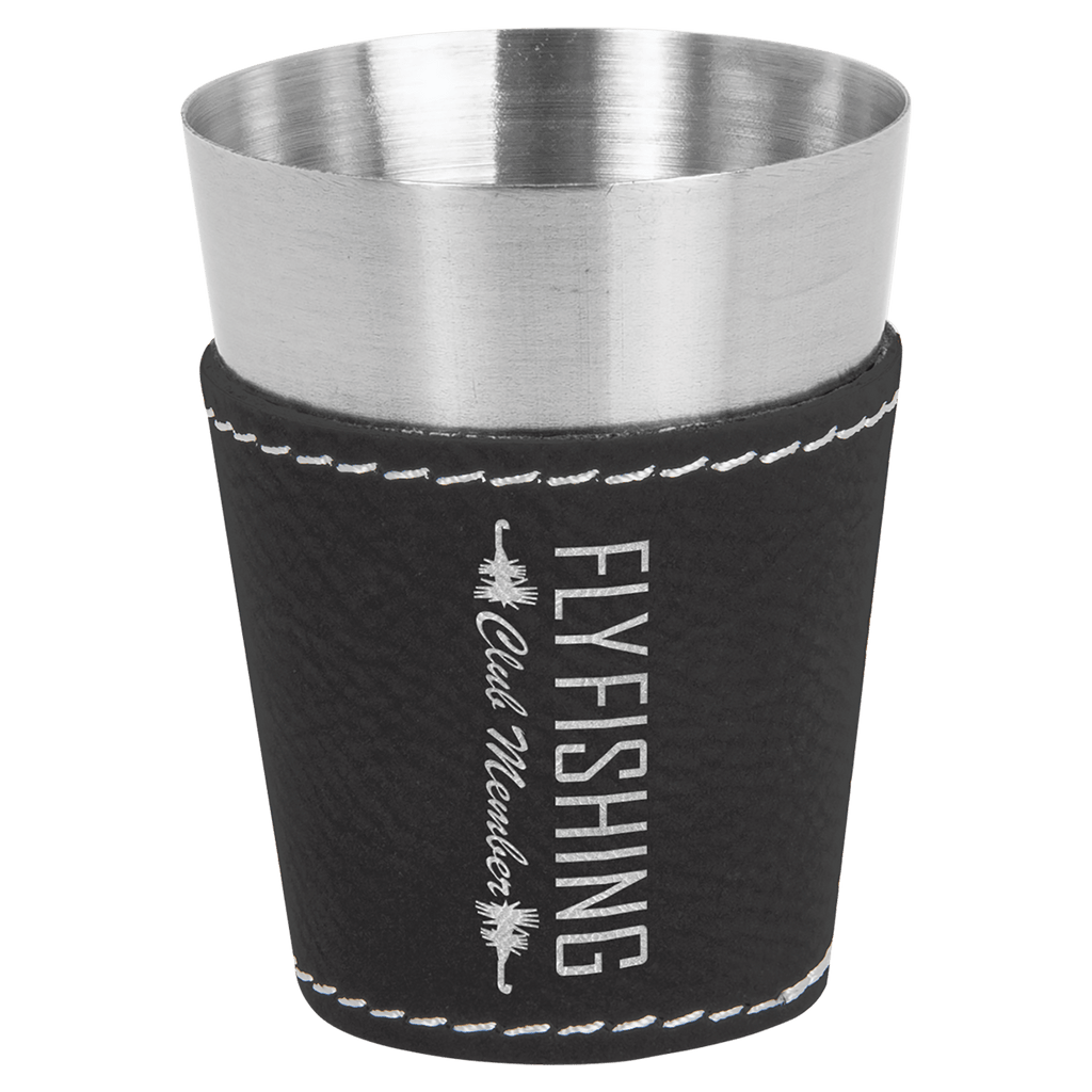 Black/Silver 2 oz. Laserable Leatherette & Stainless Steel Shot Glass