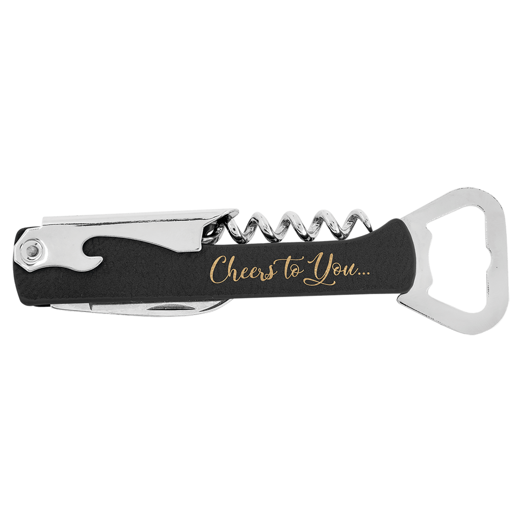Black/Gold Laserable Leatherette Wine Bottle Opener