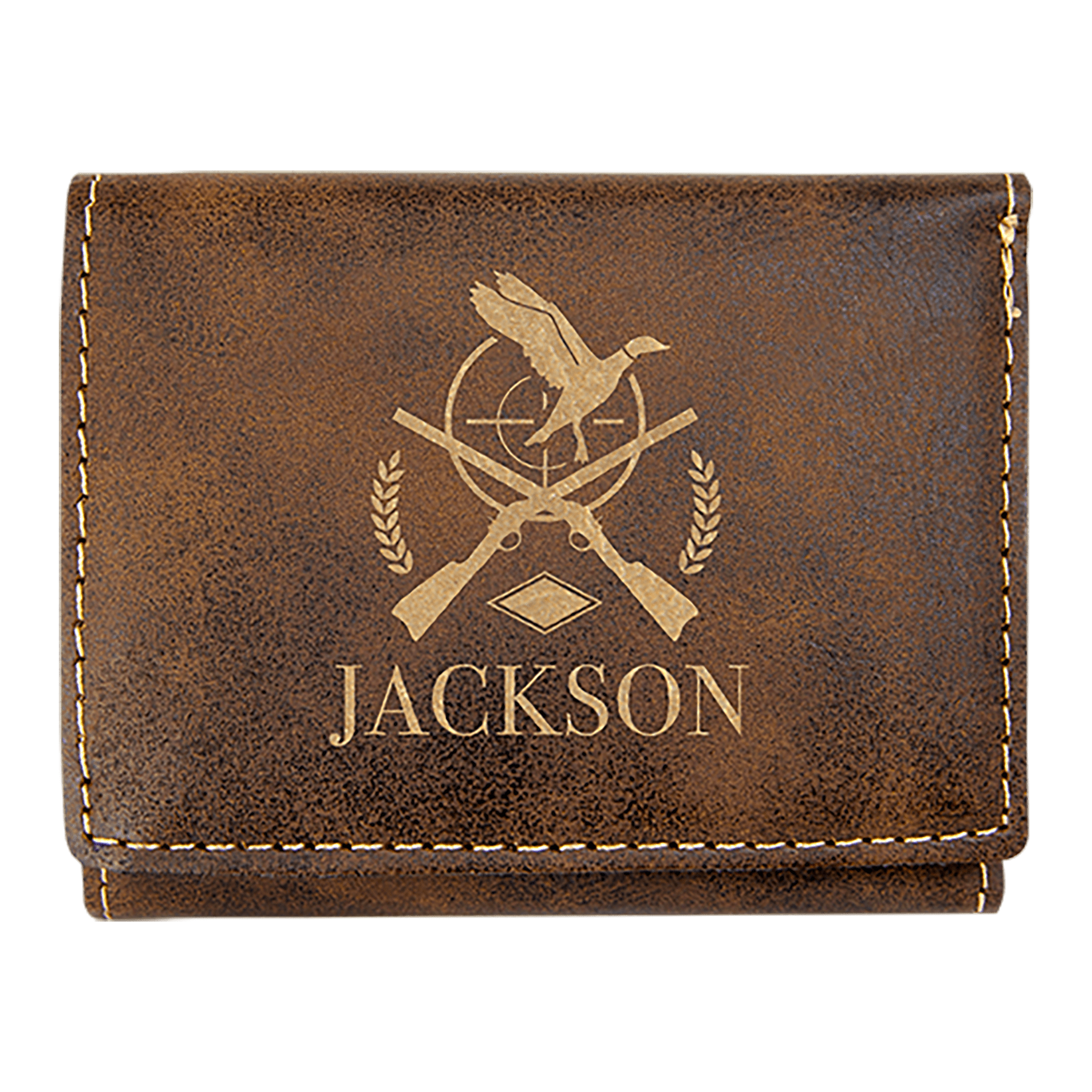 Rustic/Gold 3" x 4" Laserable Leatherette Trifold Wallet