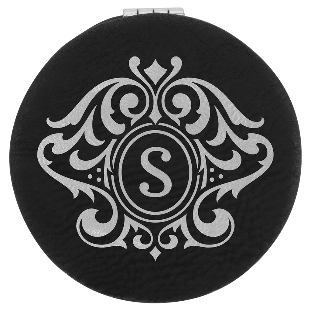 Black/Silver 2 1/2" Laserable Leatherette Compact Mirror