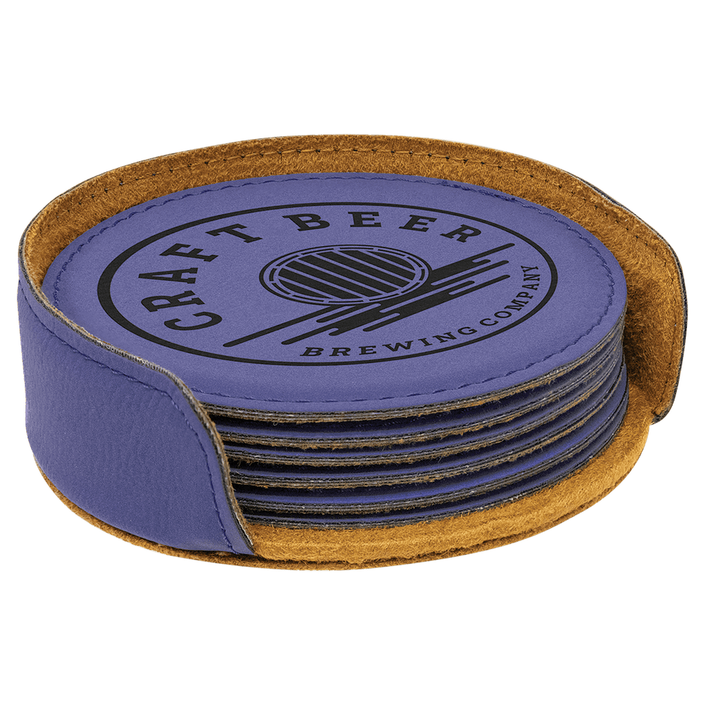 Purple 4" Round Laserable Leatherette 6-Coaster Set
