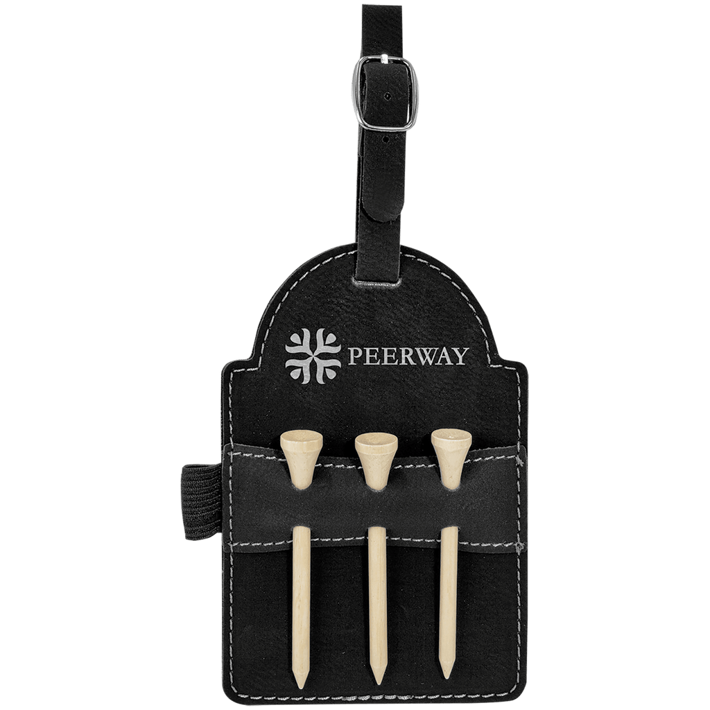 Black/Silver 5" x 3 1/4" Laserable Leatherette Golf Bag Tag with 3 Wooden Tees