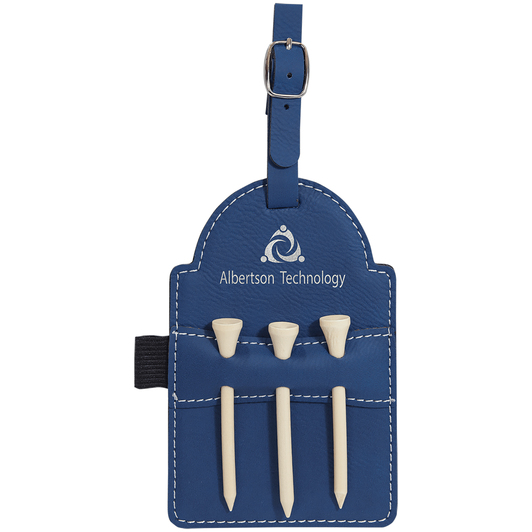 Blue/Silver 5" x 3 1/4" Laserable Leatherette Golf Bag Tag with 3 Wooden Tees