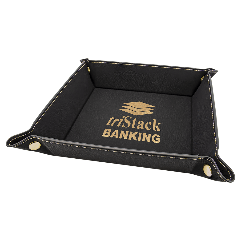 Black/Gold Laserable Leatherette Snap Up Tray with Gold 6" x 6" Snaps