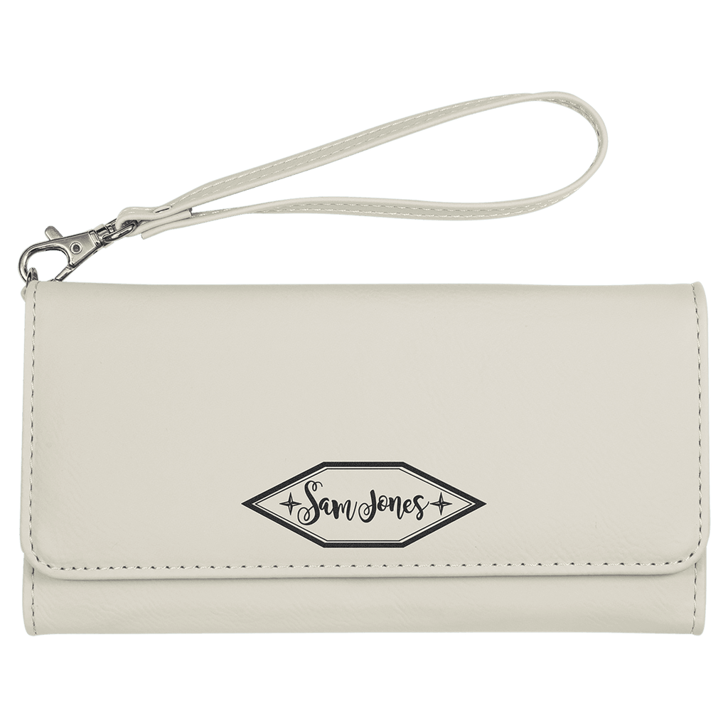 White 7 1/2" x 4" Laserable Leatherette Wallet with Strap