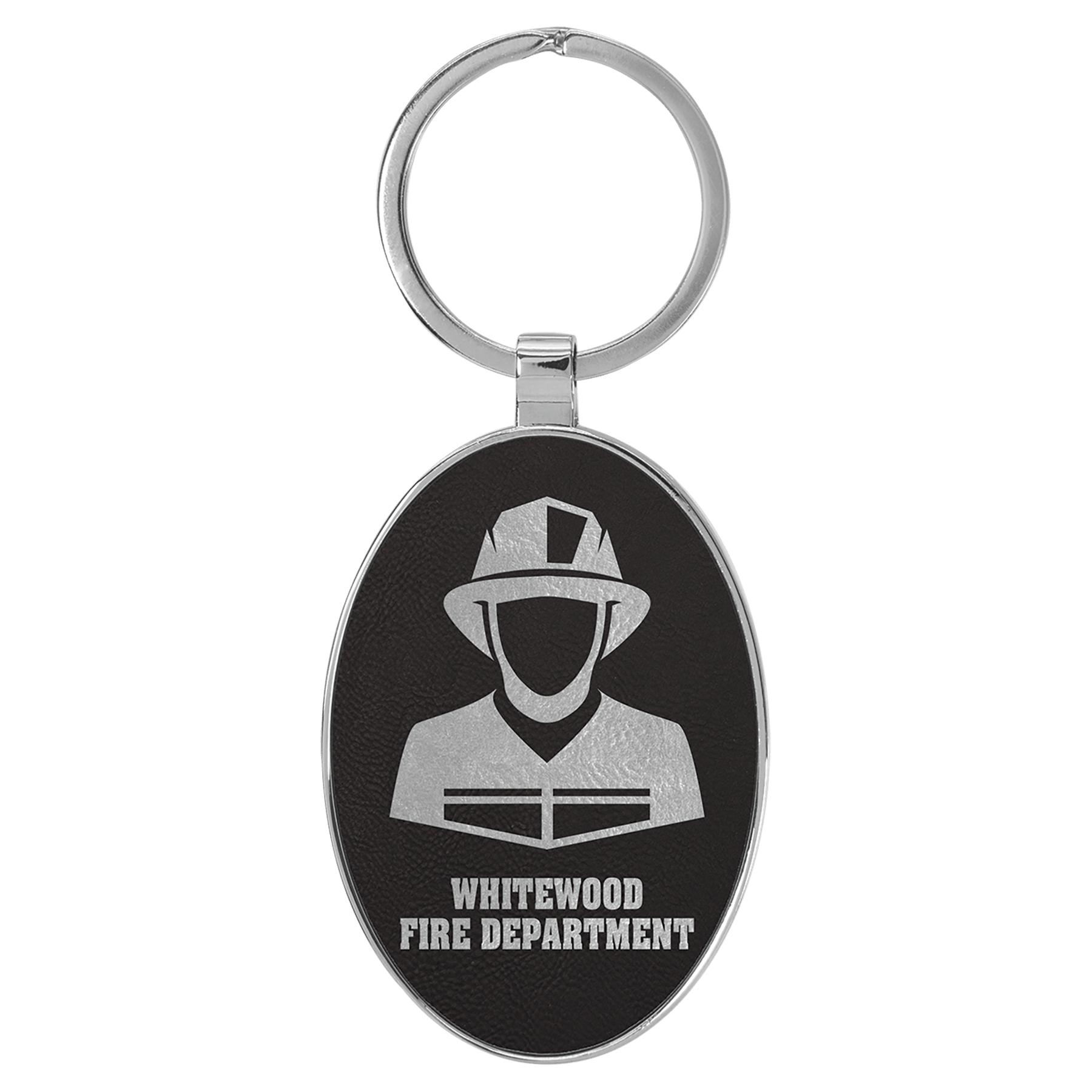 Black/Silver 3" x 1 3/4" Laserable Leatherette/Metal Oval Keychain