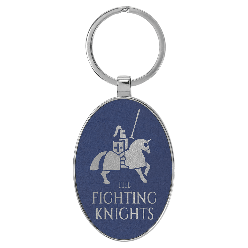 Blue/Silver 3" x 1 3/4" Laserable Leatherette/Metal Oval Keychain