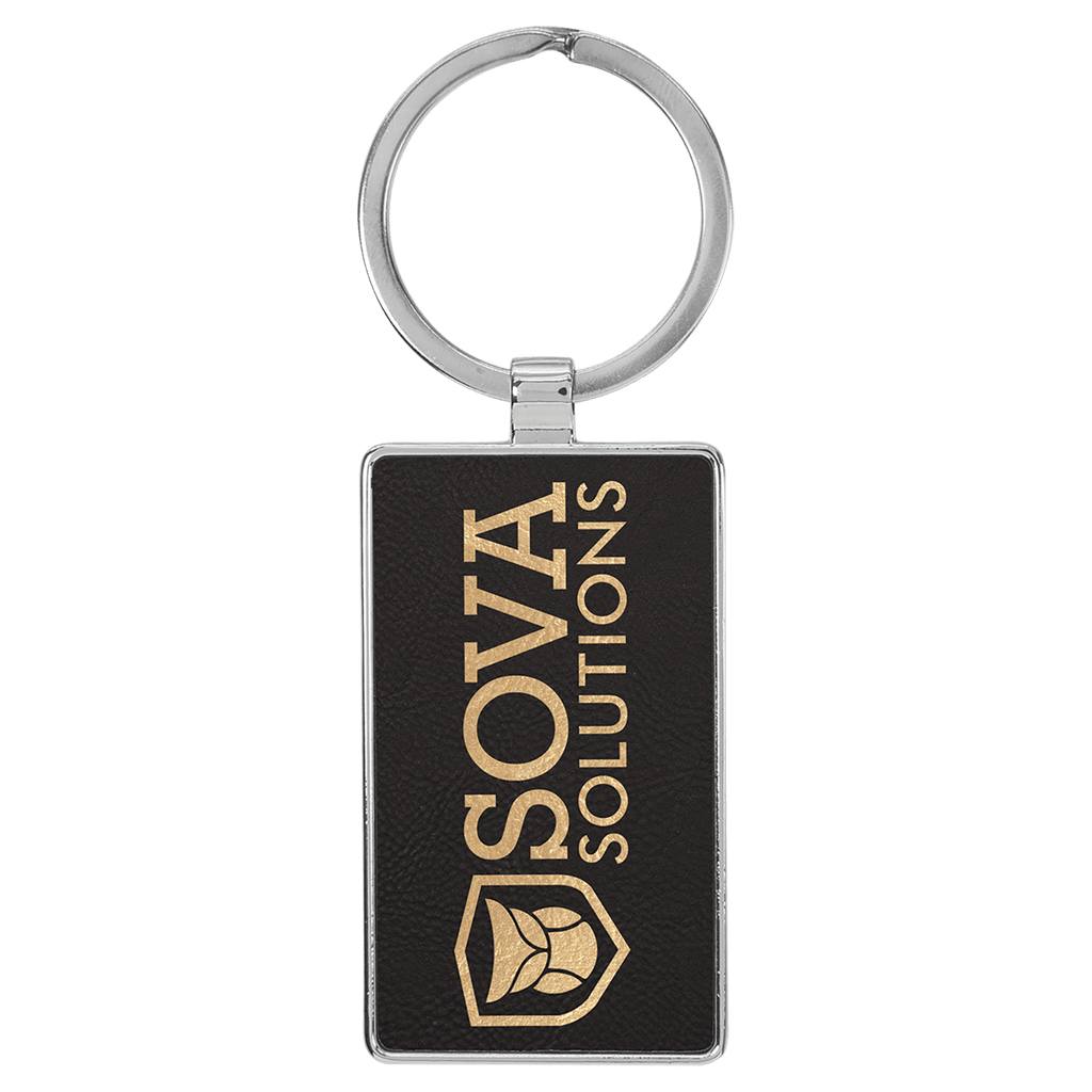 Black/Gold 2 3/4" x 1 1/4" Laserable Leatherette/Metal Rectangle Keychain