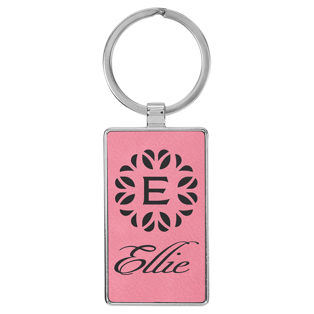 Pink 2 3/4" x 1 1/4" Laserable Leatherette/Metal Rectangle Keychain