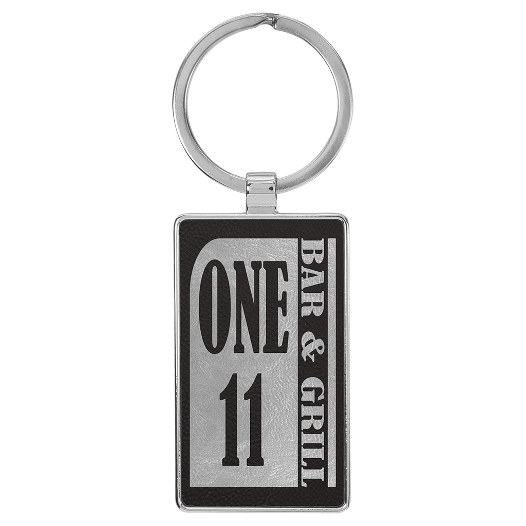 Black/Silver 2 3/4" x 1 1/4" Laserable Leatherette/Metal Rectangle Keychain