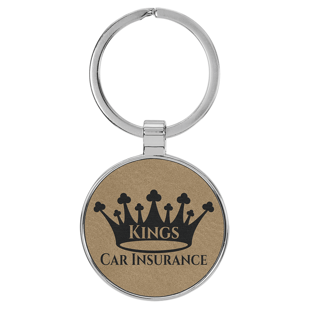 Light Brown 1 1/2" Laserable Leatherette/Metal Round Keychain