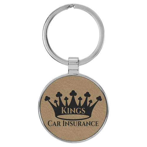 Light Brown 1 1/2" Laserable Leatherette/Metal Round Keychain