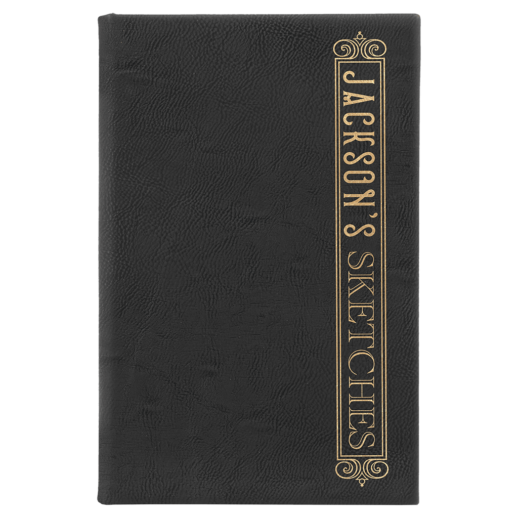 Black/Gold 5 1/4" x 8 1/4" Laserable Leatherette Sketch Book with Unlined Notepad