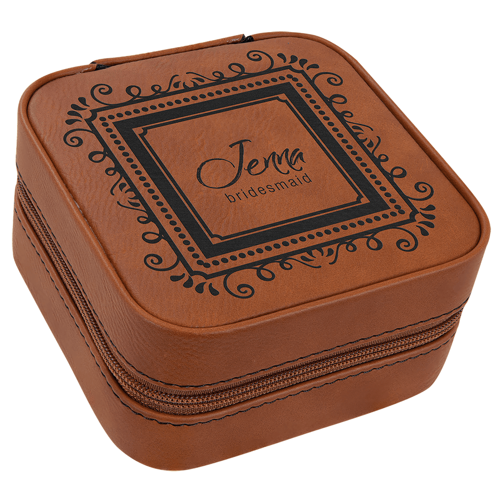 Rawhide 4" X 4" Laserable Leatherette Travel Jewelry Box with Tan Lining