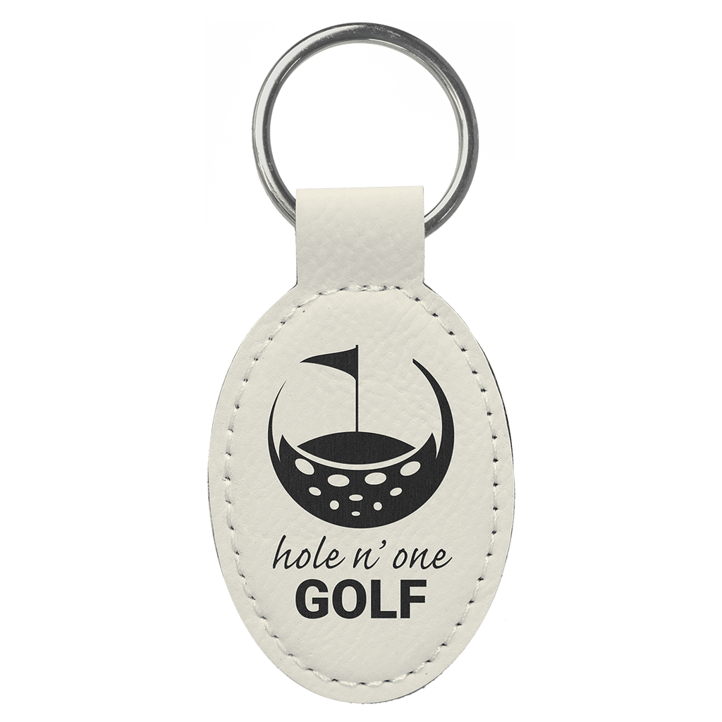 White 3" x 1 3/4" Laserable Leatherette Oval Keychain