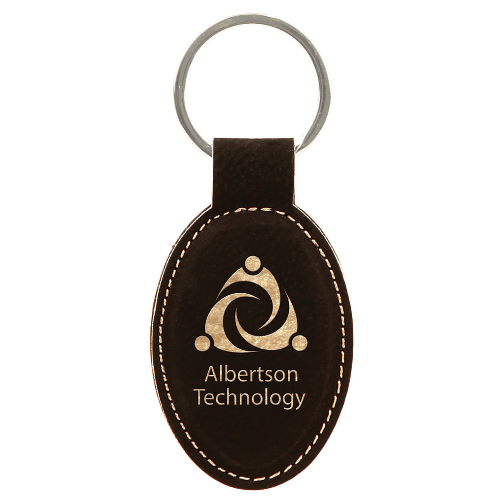 Black/Gold 3" x 1 3/4" Laserable Leatherette Oval Keychain