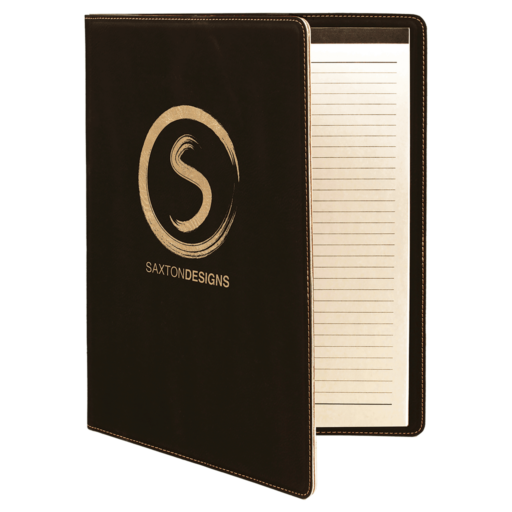 Black/Gold 9 1/2" x 12" Dark Brown Laserable Leatherette Portfolio with Notepad