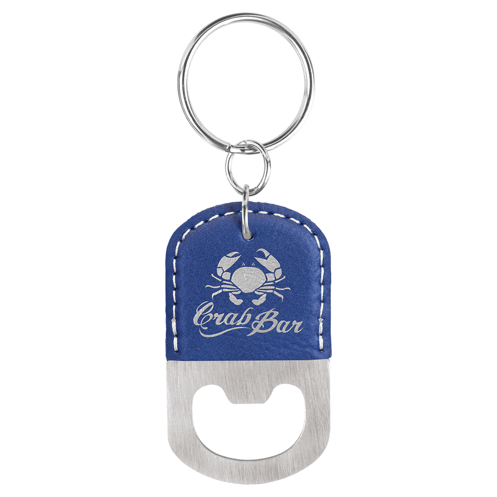 Blue/Silver Oval Laserable Leatherette Bottle Opener Keychain