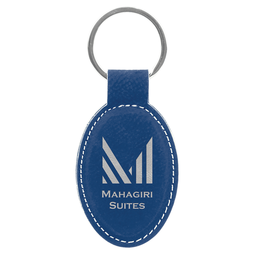 Blue/Silver 3" x 1 3/4" Laserable Leatherette Oval Keychain