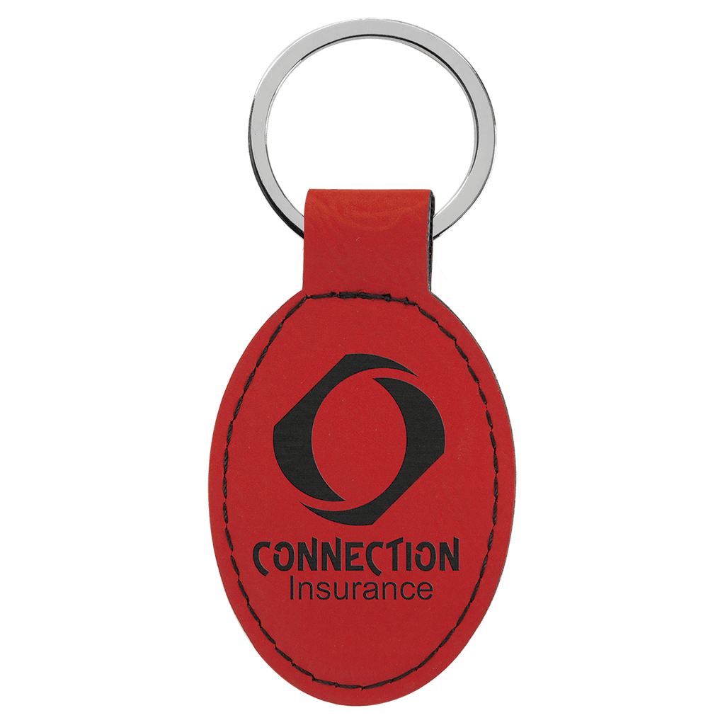 Red 3" x 1 3/4" Laserable Leatherette Oval Keychain