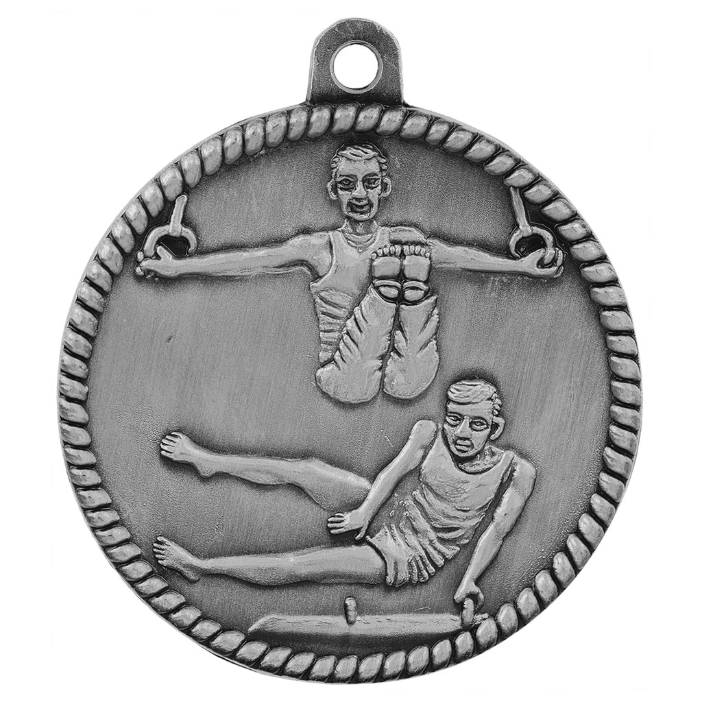 Antique Silver 2" Male Gymnastics High Relief Medal
