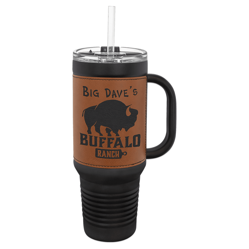 Black with Rawhide Polar Camel 40 oz. Laserable Leatherette Travel Mug with a Handle & Straw