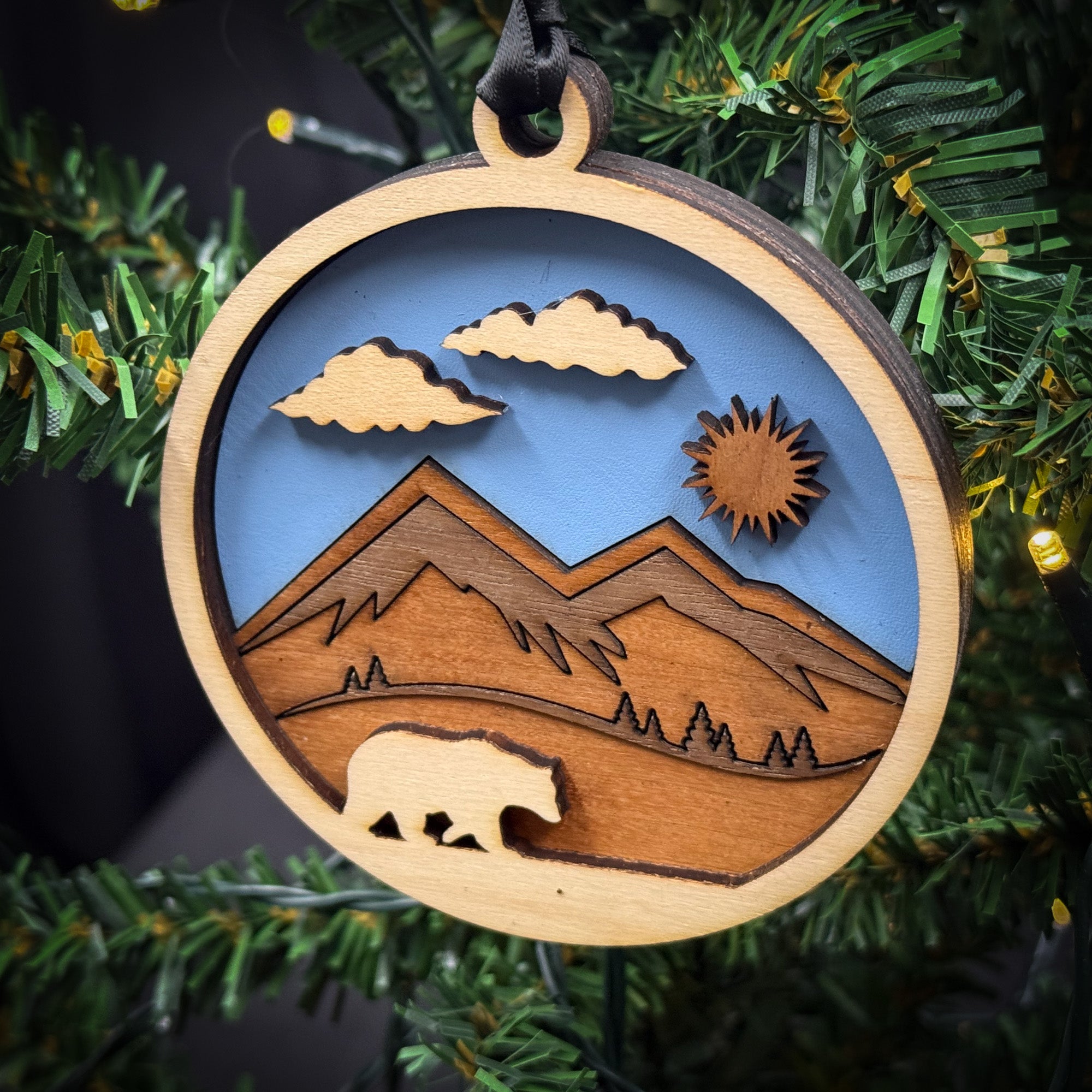 Bear, Daytime Trees and  Mountains Ornament