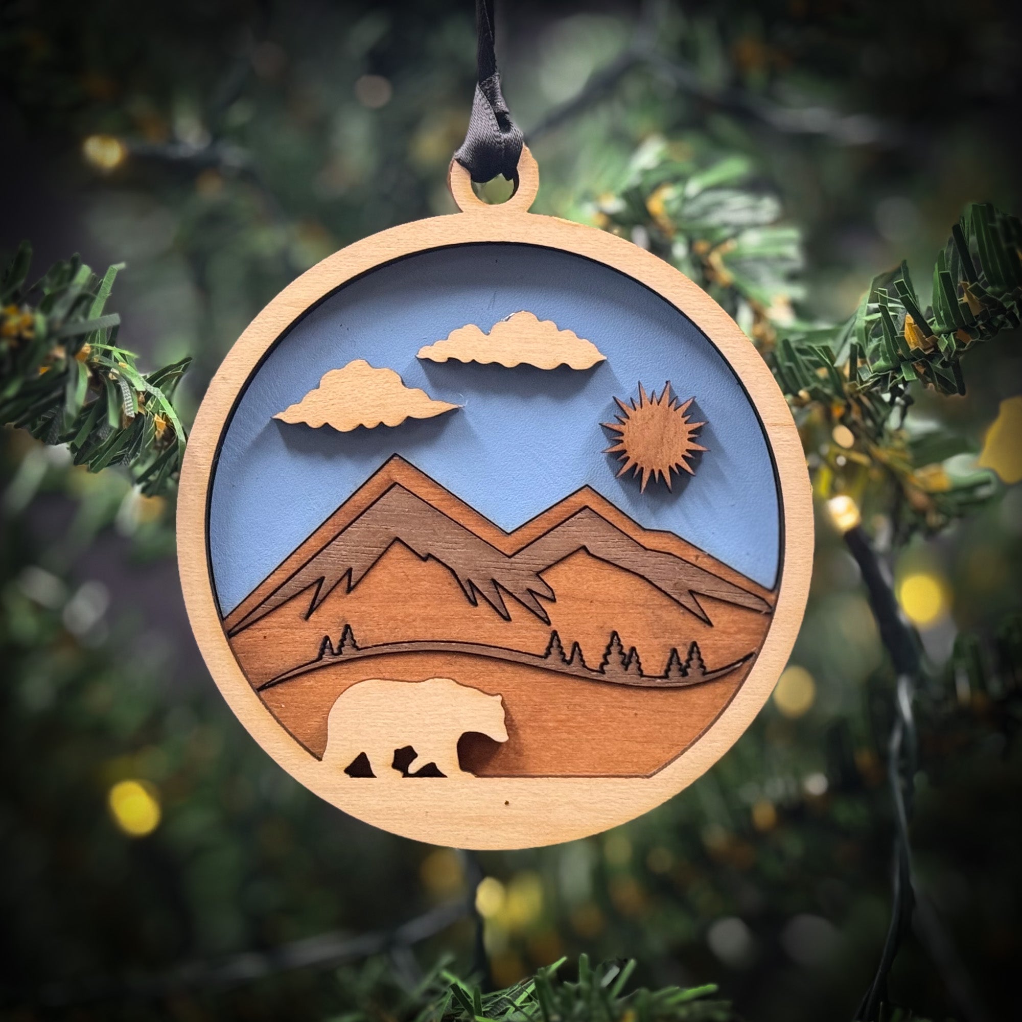 Bear, Daytime Trees and  Mountains Ornament